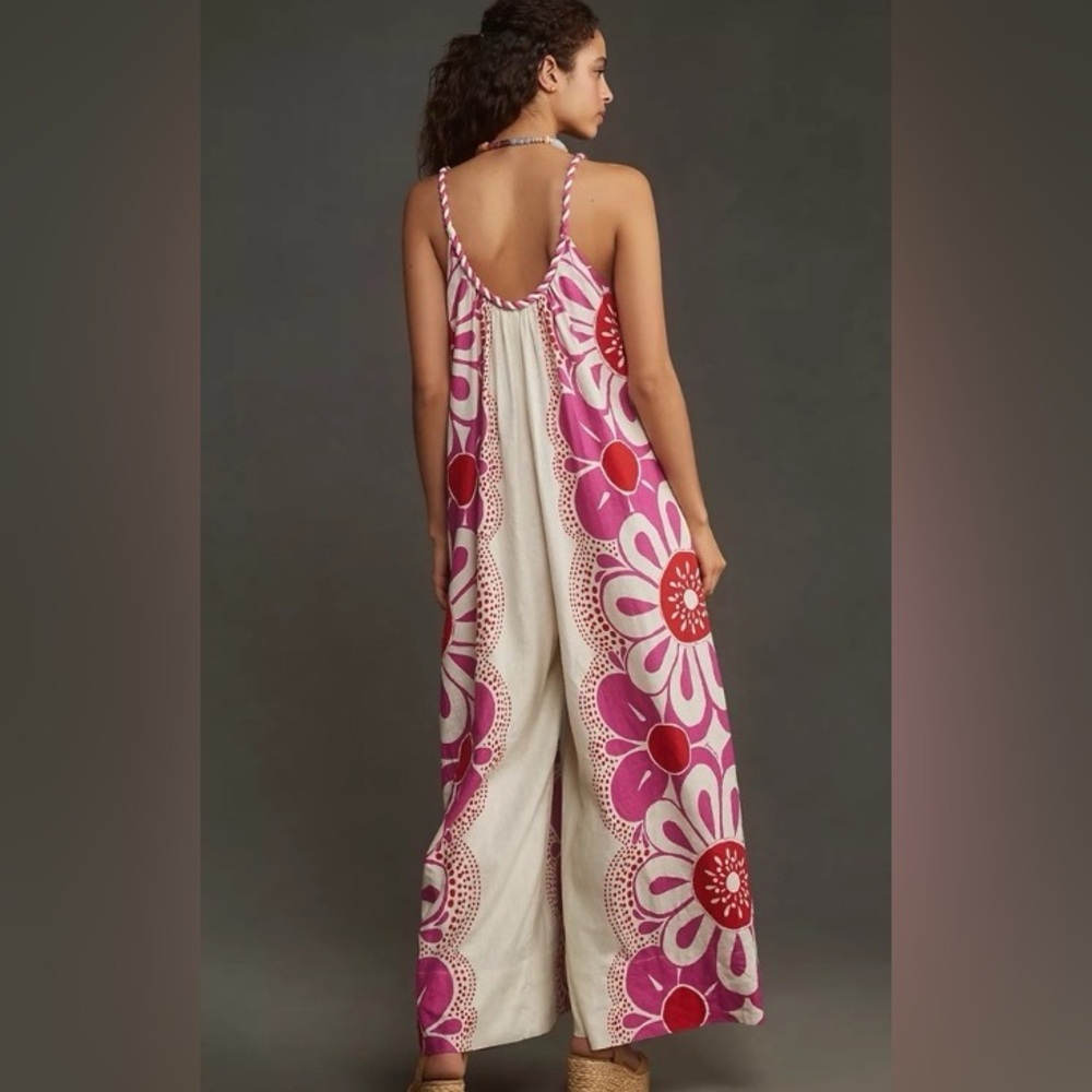 Farm Rio Maia Rope Trim Linen Blend Jumpsuit size Large - Picture 2 of 4